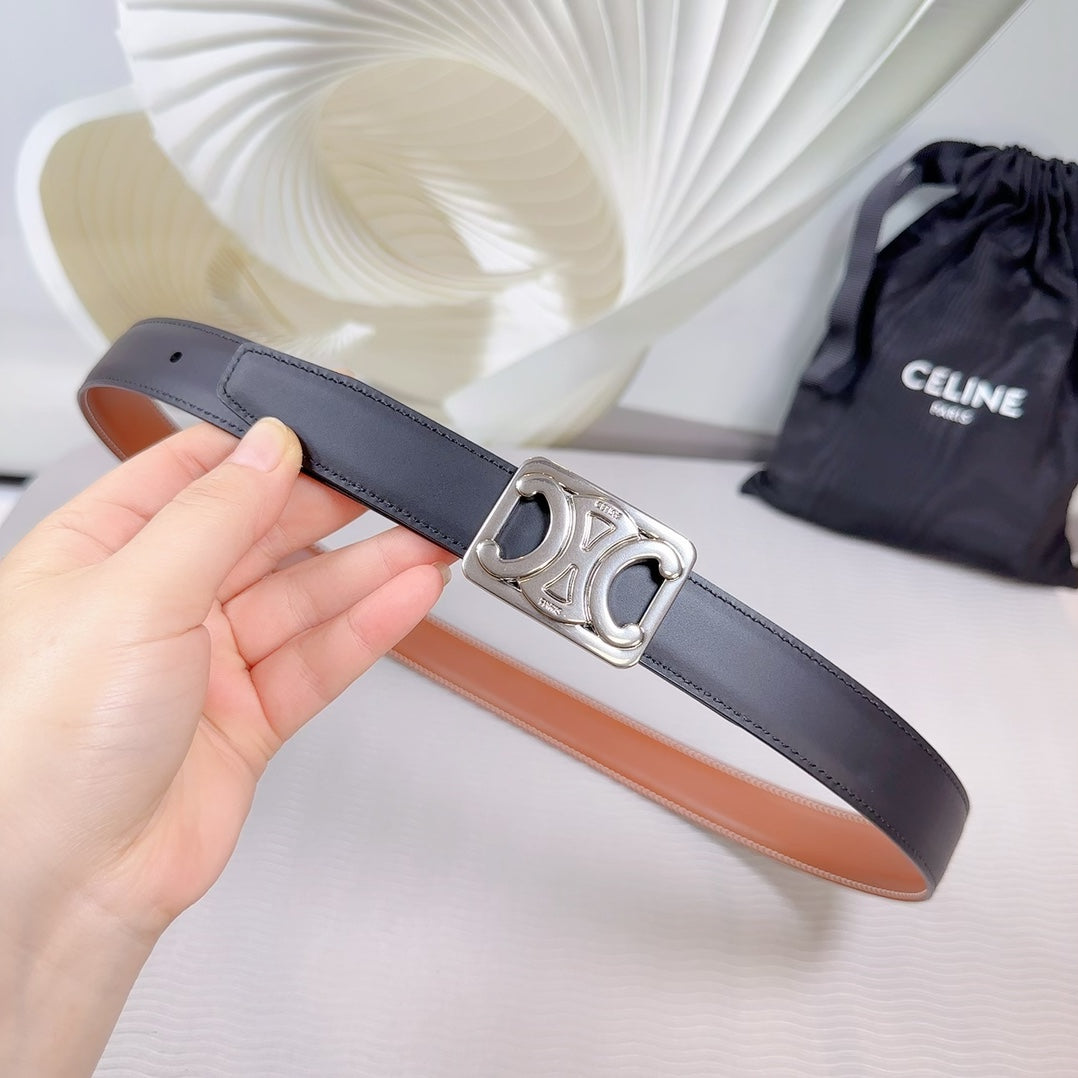 CELINE CL MEDIUM 25 MM REVERSIBLE FRAMED TRIOMPHE BELT BLACK AND BRONZE BROWN CALFSKIN SILVER HARDWARE