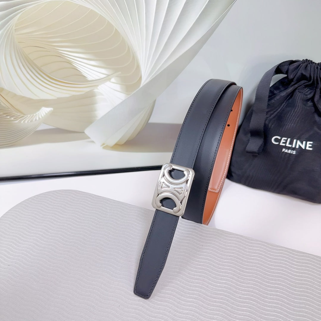 CELINE CL MEDIUM 25 MM REVERSIBLE FRAMED TRIOMPHE BELT BLACK AND BRONZE BROWN CALFSKIN SILVER HARDWARE