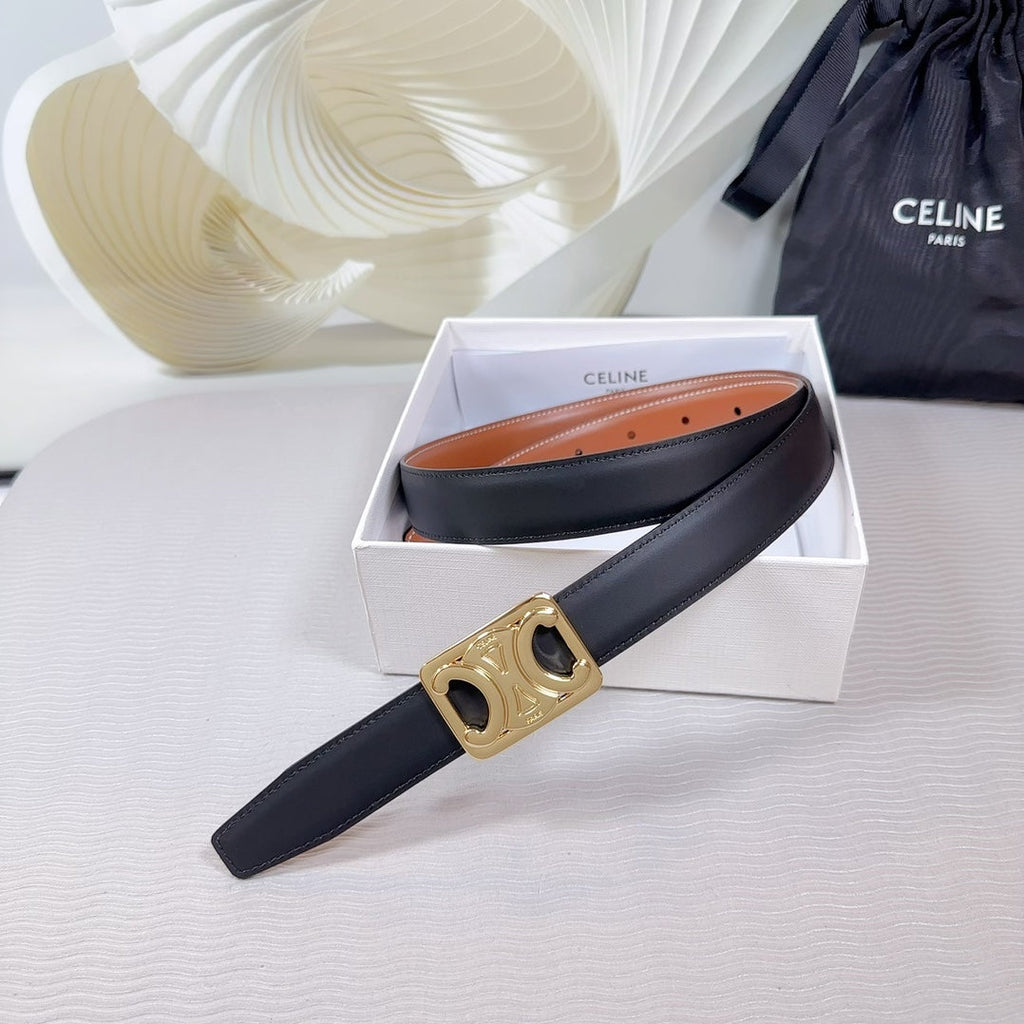 CELINE CL MEDIUM 25 MM REVERSIBLE FRAMED TRIOMPHE BELT BLACK AND BRONZE BROWN CALFSKIN LIGHT GOLD HARDWARE
