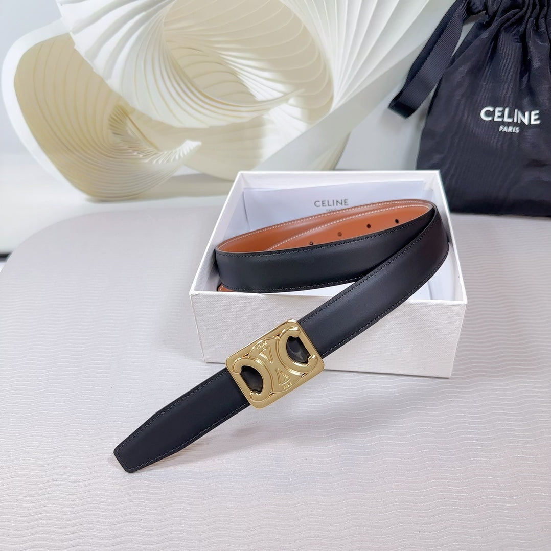 CELINE CL MEDIUM 25 MM REVERSIBLE FRAMED TRIOMPHE BELT BLACK AND BRONZE BROWN CALFSKIN LIGHT GOLD HARDWARE