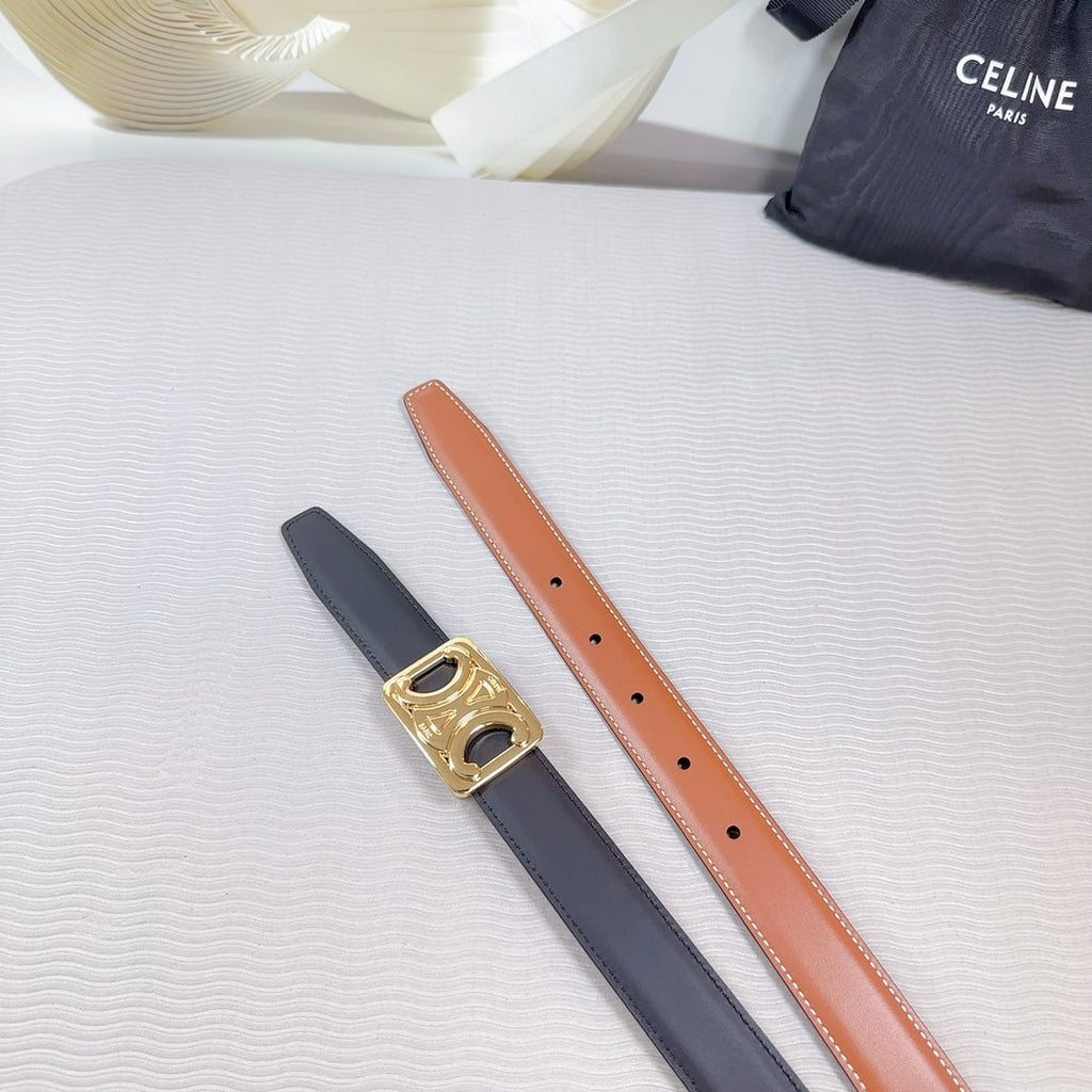 CELINE CL MEDIUM 25 MM REVERSIBLE FRAMED TRIOMPHE BELT BLACK AND BRONZE BROWN CALFSKIN LIGHT GOLD HARDWARE
