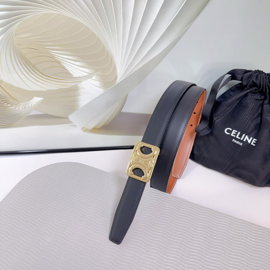 CELINE CL MEDIUM 25 MM REVERSIBLE FRAMED TRIOMPHE BELT BLACK AND BRONZE BROWN CALFSKIN LIGHT GOLD HARDWARE