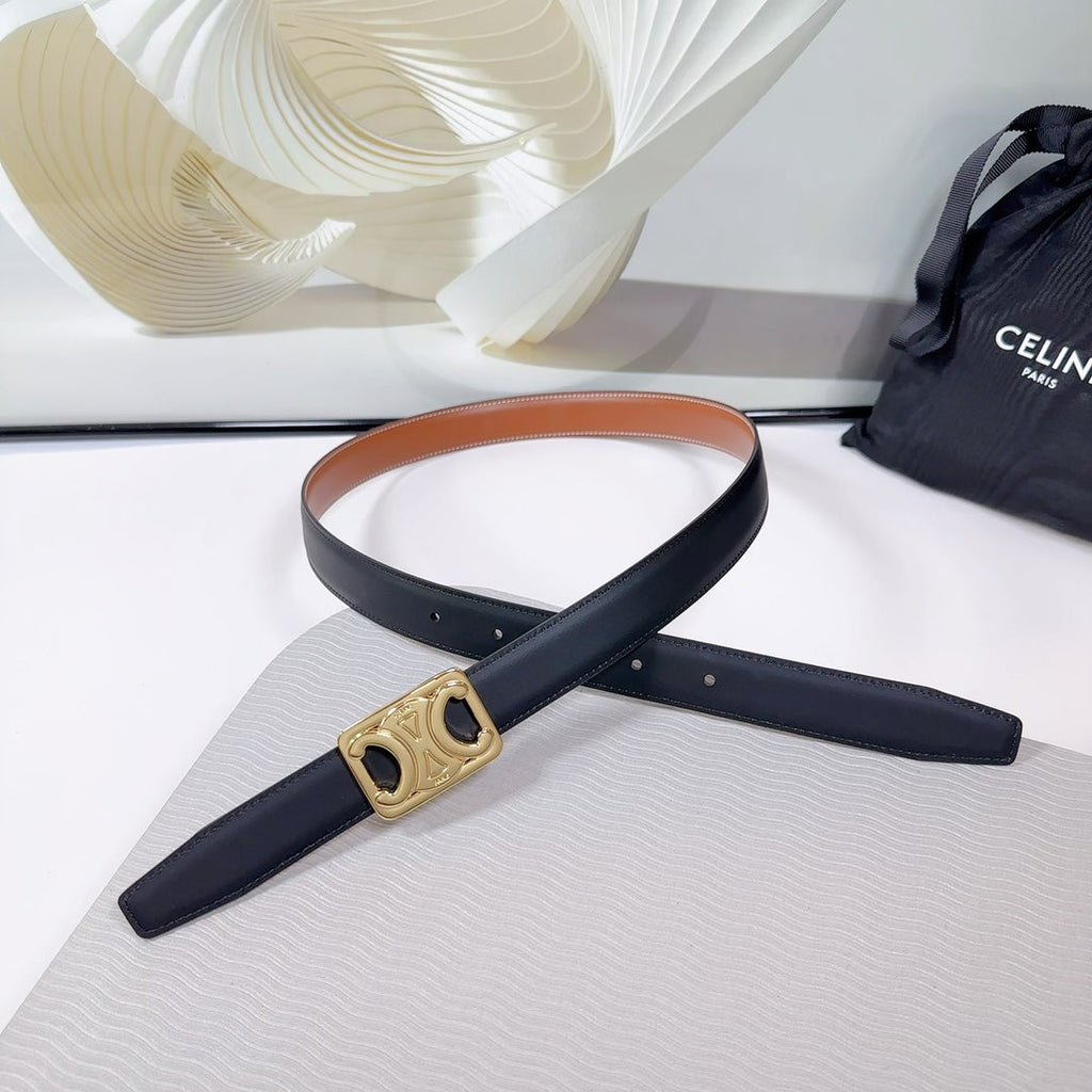 CELINE CL MEDIUM 25 MM REVERSIBLE FRAMED TRIOMPHE BELT BLACK AND BRONZE BROWN CALFSKIN LIGHT GOLD HARDWARE