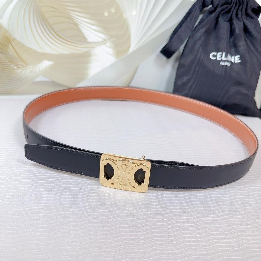 CELINE CL MEDIUM 25 MM REVERSIBLE FRAMED TRIOMPHE BELT BLACK AND BRONZE BROWN CALFSKIN LIGHT GOLD HARDWARE