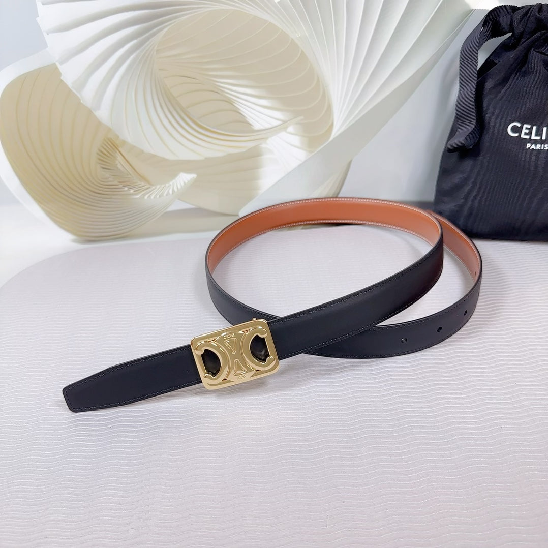 CELINE CL MEDIUM 25 MM REVERSIBLE FRAMED TRIOMPHE BELT BLACK AND BRONZE BROWN CALFSKIN LIGHT GOLD HARDWARE