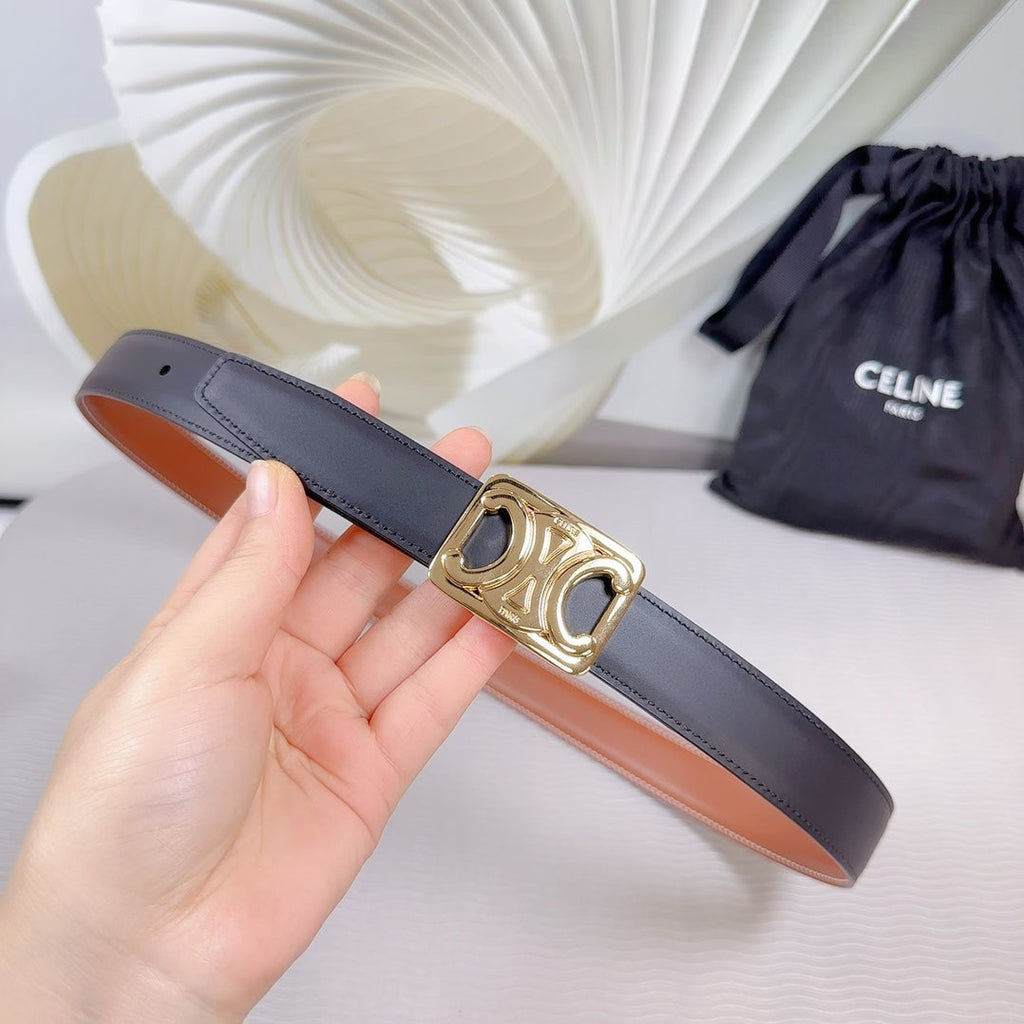 CELINE CL MEDIUM 25 MM REVERSIBLE FRAMED TRIOMPHE BELT BLACK AND BRONZE BROWN CALFSKIN LIGHT GOLD HARDWARE