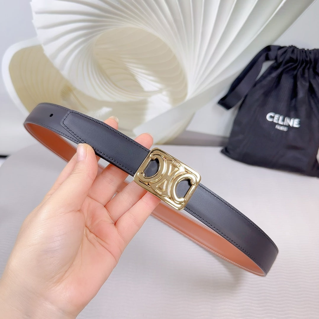 CELINE CL MEDIUM 25 MM REVERSIBLE FRAMED TRIOMPHE BELT BLACK AND BRONZE BROWN CALFSKIN LIGHT GOLD HARDWARE