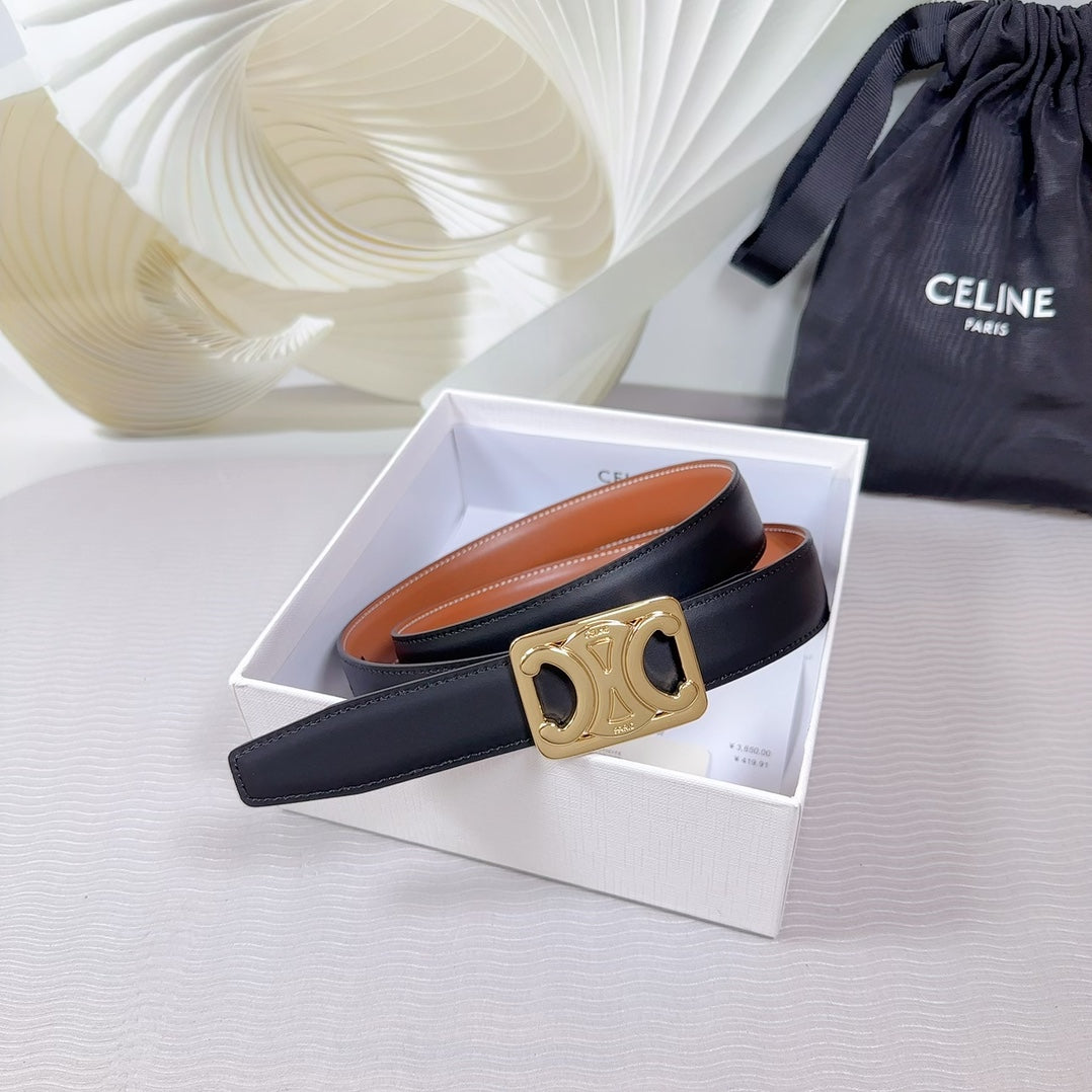 CELINE CL MEDIUM 25 MM REVERSIBLE FRAMED TRIOMPHE BELT BLACK AND BRONZE BROWN CALFSKIN LIGHT GOLD HARDWARE