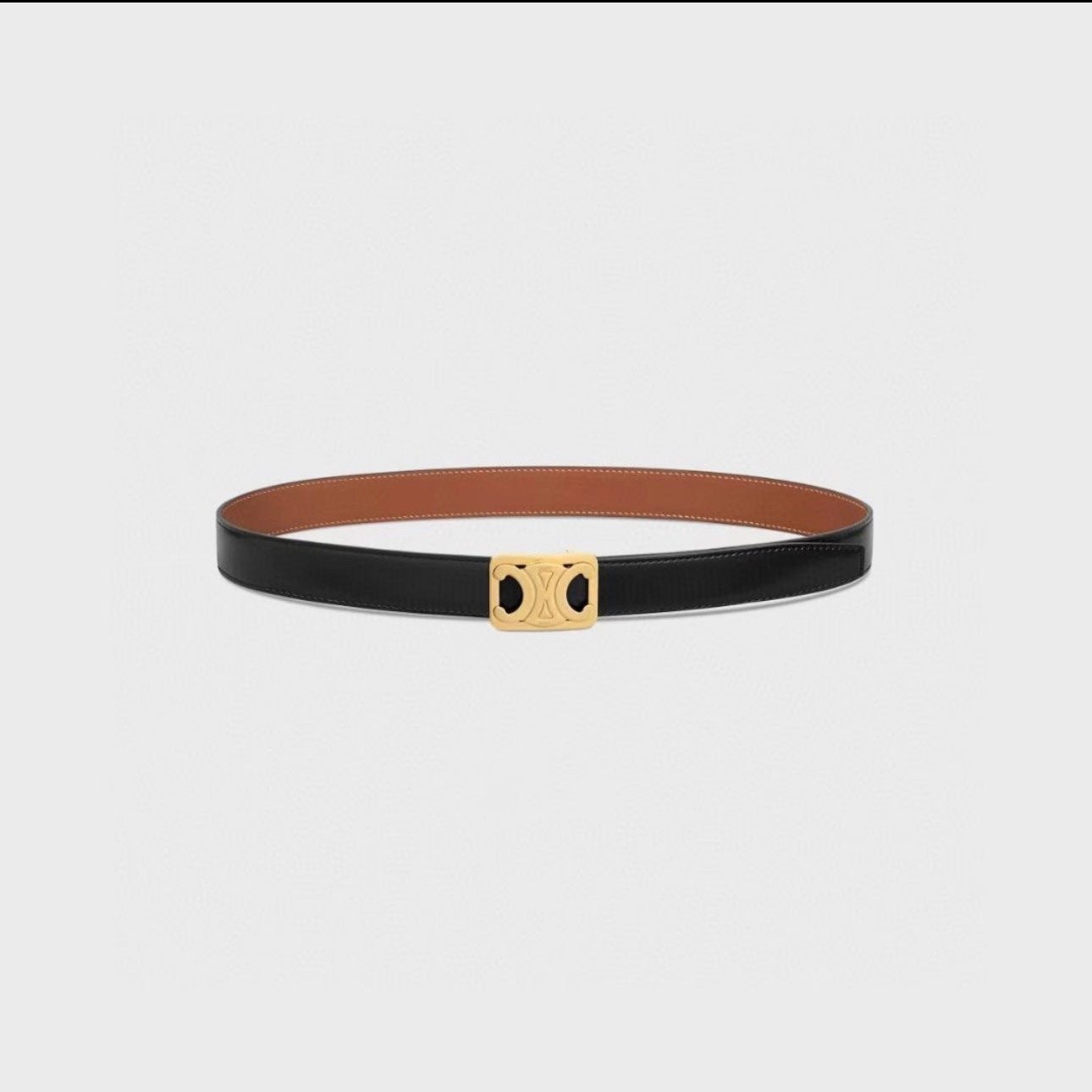 CELINE CL MEDIUM 25 MM REVERSIBLE FRAMED TRIOMPHE BELT BLACK AND BRONZE BROWN CALFSKIN GOLD HARDWARE
