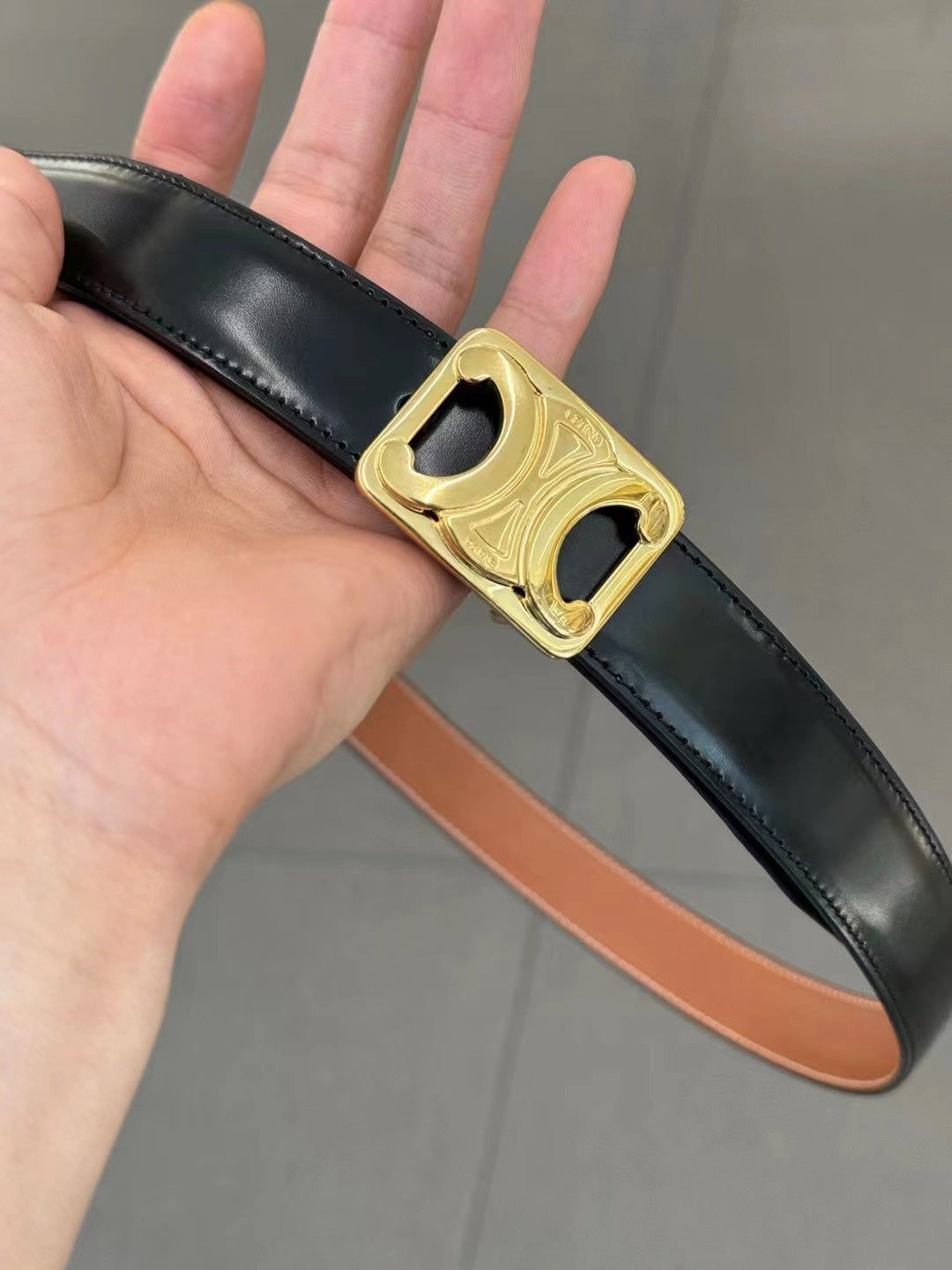 CELINE CL MEDIUM 25 MM REVERSIBLE FRAMED TRIOMPHE BELT BLACK AND BRONZE BROWN CALFSKIN GOLD HARDWARE
