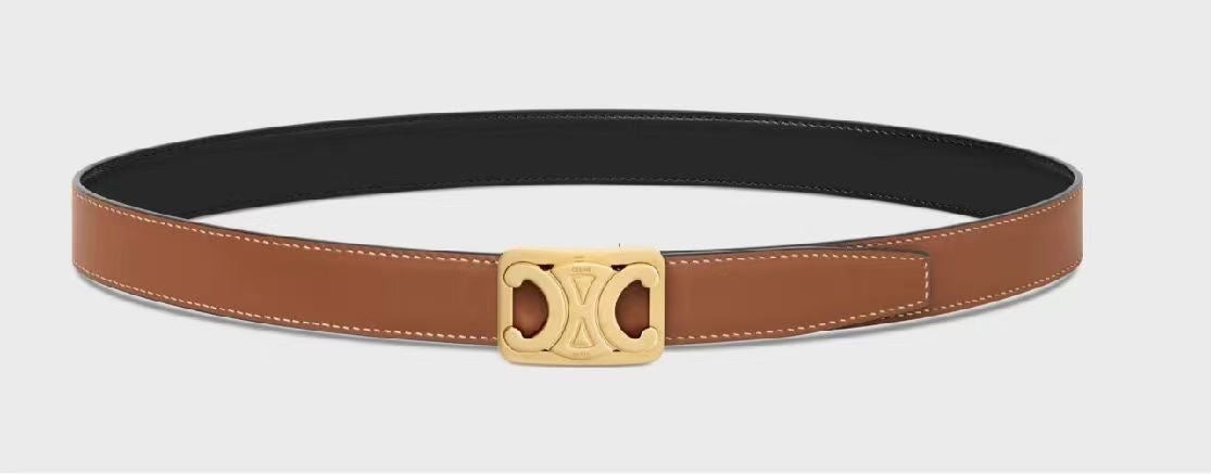 CELINE CL MEDIUM 25 MM REVERSIBLE FRAMED TRIOMPHE BELT BLACK AND BRONZE BROWN CALFSKIN GOLD HARDWARE