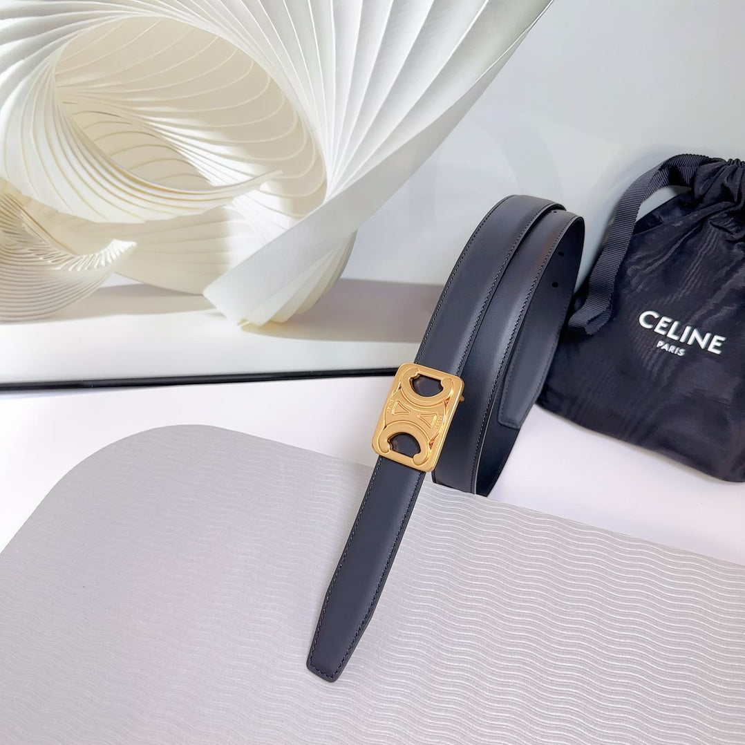 CELINE CL MEDIUM 25MM REVERSIBLE FRAMED TRIOMPHE BELT BLACK CALFSKIN GOLD HARDWARE