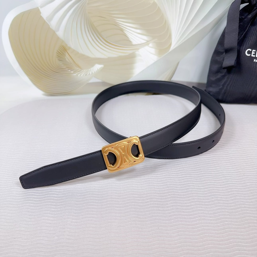 CELINE CL MEDIUM 25MM REVERSIBLE FRAMED TRIOMPHE BELT BLACK CALFSKIN GOLD HARDWARE