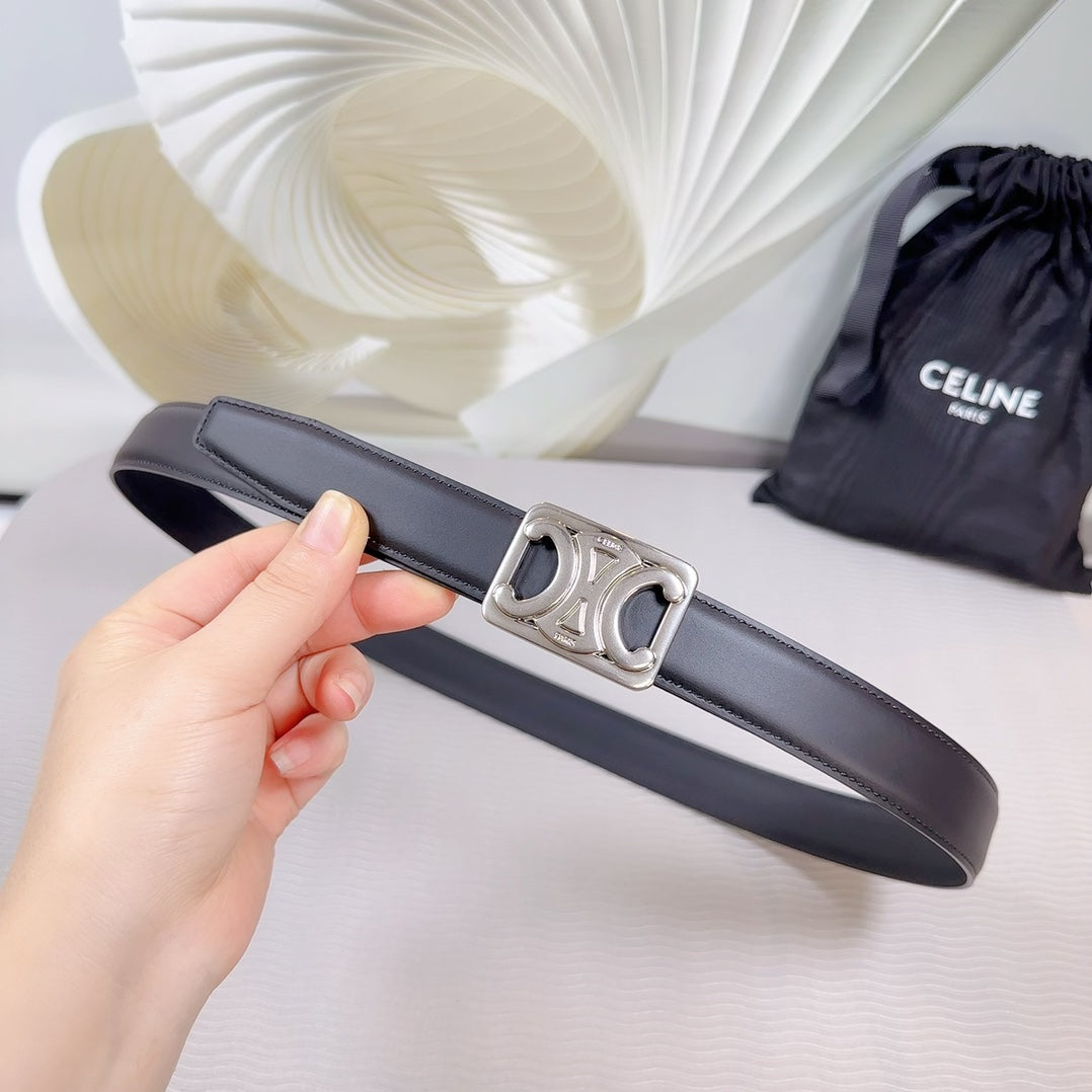 CELINE CL MEDIUM 25 MM REVERSIBLE FRAMED TRIOMPHE BELT BLACK CALFSKIN LIGHT SILVER HARDWARE