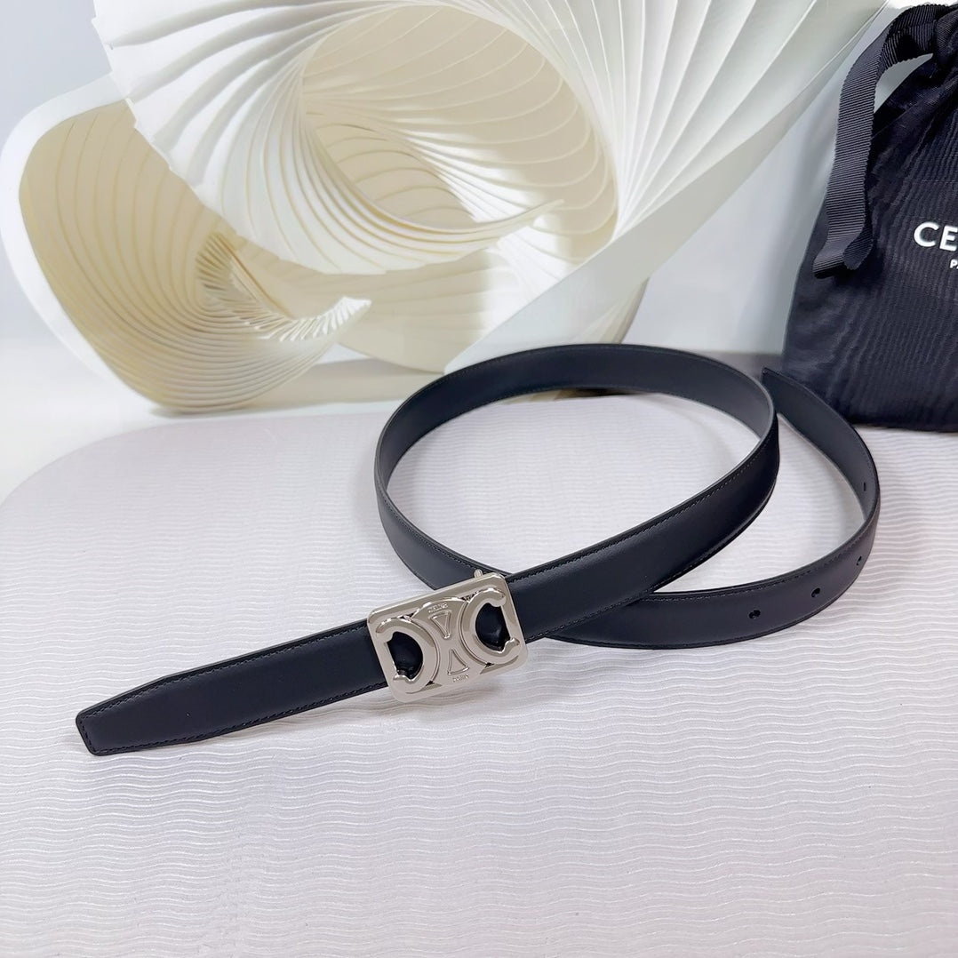 CELINE CL MEDIUM 25 MM REVERSIBLE FRAMED TRIOMPHE BELT BLACK CALFSKIN LIGHT SILVER HARDWARE