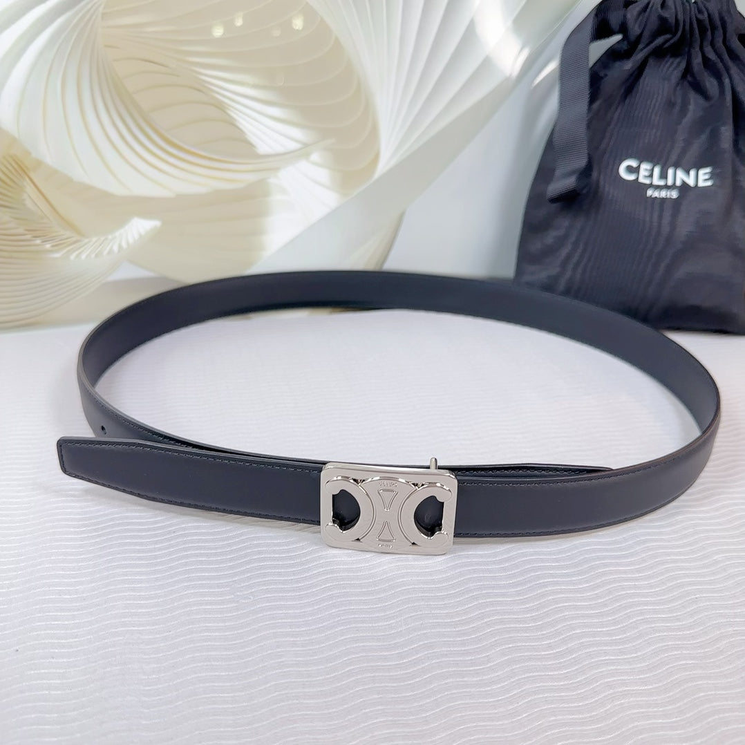 CELINE CL MEDIUM 25 MM REVERSIBLE FRAMED TRIOMPHE BELT BLACK CALFSKIN LIGHT SILVER HARDWARE