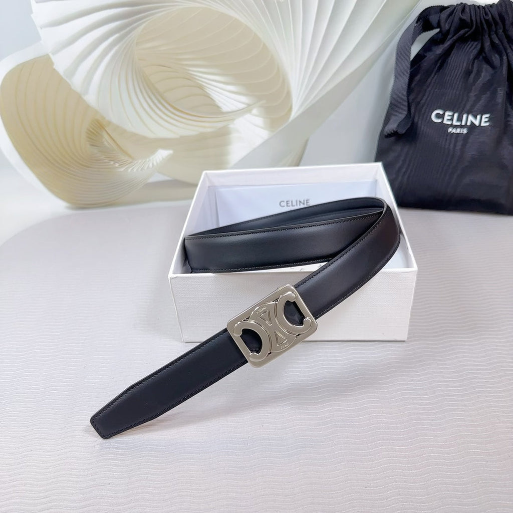 CELINE CL MEDIUM 25 MM REVERSIBLE FRAMED TRIOMPHE BELT BLACK CALFSKIN LIGHT SILVER HARDWARE