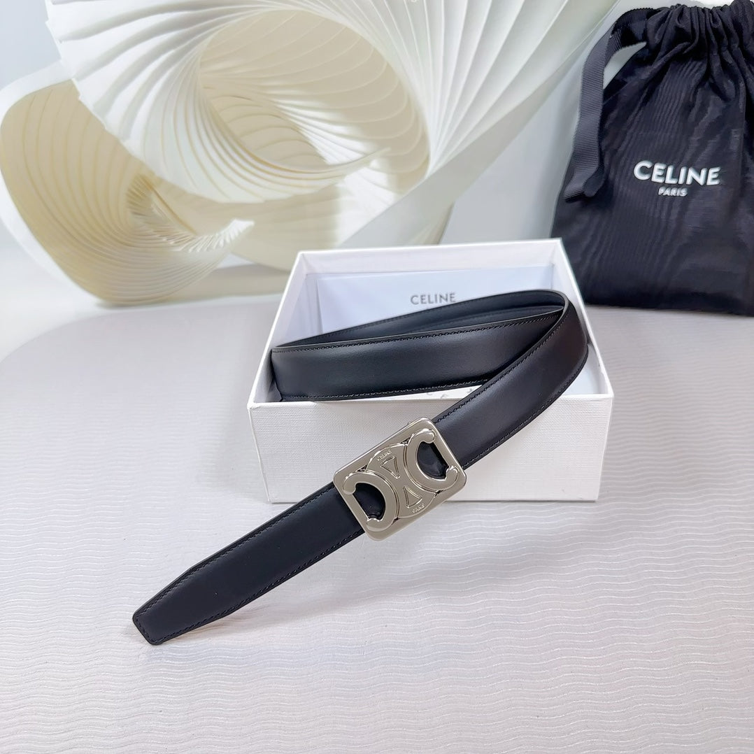 CELINE CL MEDIUM 25 MM REVERSIBLE FRAMED TRIOMPHE BELT BLACK CALFSKIN LIGHT SILVER HARDWARE