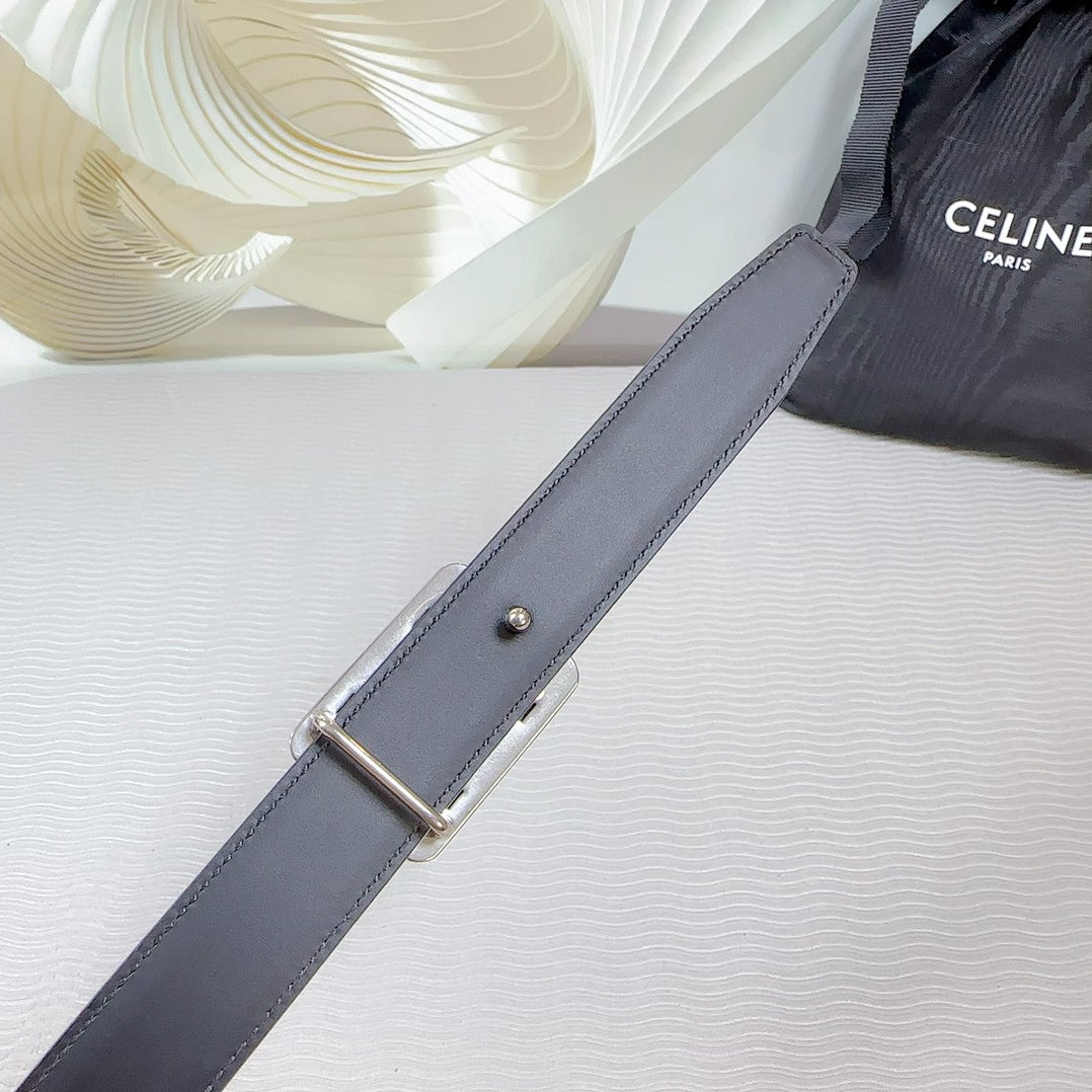 CELINE CL MEDIUM 25 MM REVERSIBLE FRAMED TRIOMPHE BELT BLACK CALFSKIN LIGHT SILVER HARDWARE