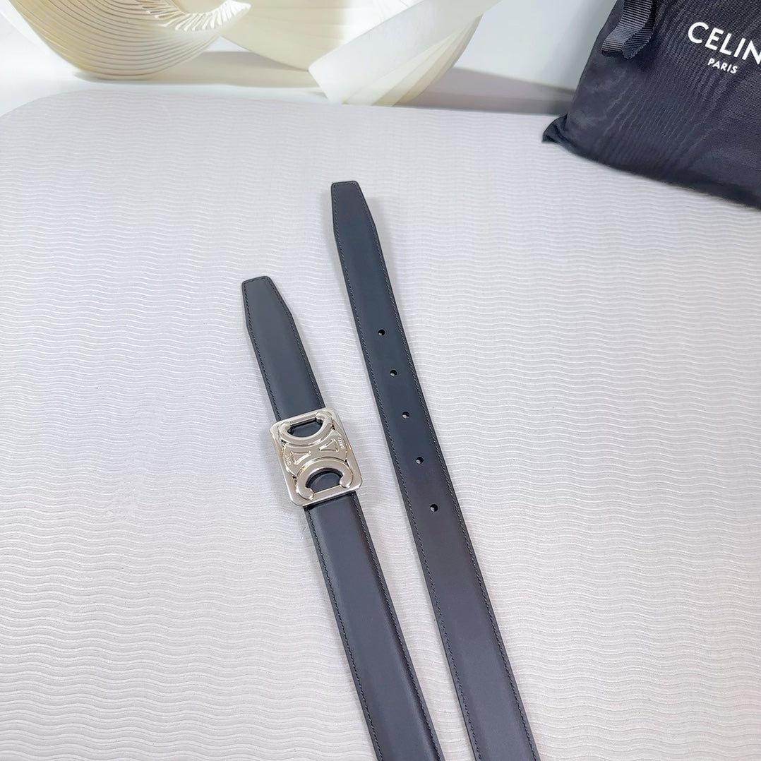 CELINE CL MEDIUM 25 MM REVERSIBLE FRAMED TRIOMPHE BELT BLACK CALFSKIN LIGHT SILVER HARDWARE