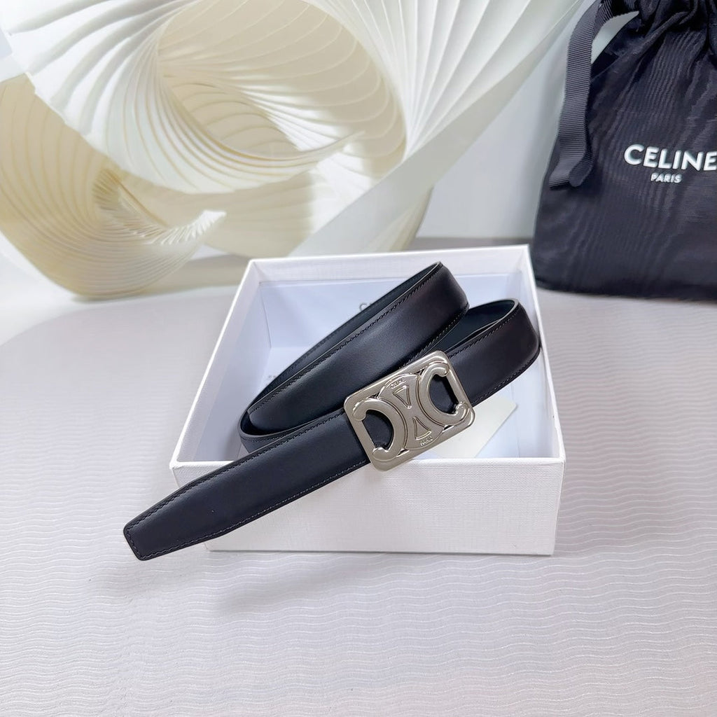 CELINE CL MEDIUM 25 MM REVERSIBLE FRAMED TRIOMPHE BELT BLACK CALFSKIN LIGHT SILVER HARDWARE
