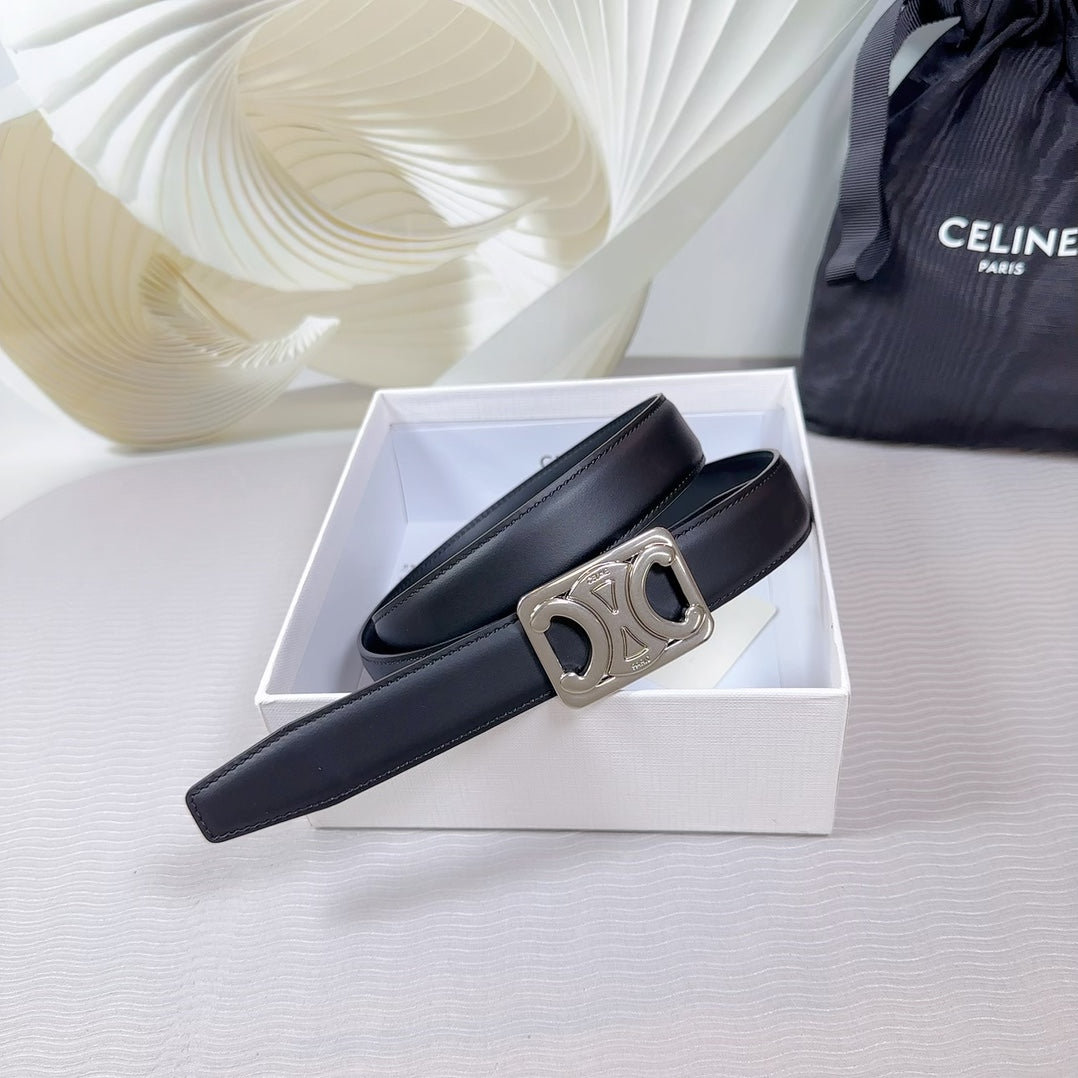 CELINE CL MEDIUM 25 MM REVERSIBLE FRAMED TRIOMPHE BELT BLACK CALFSKIN LIGHT SILVER HARDWARE