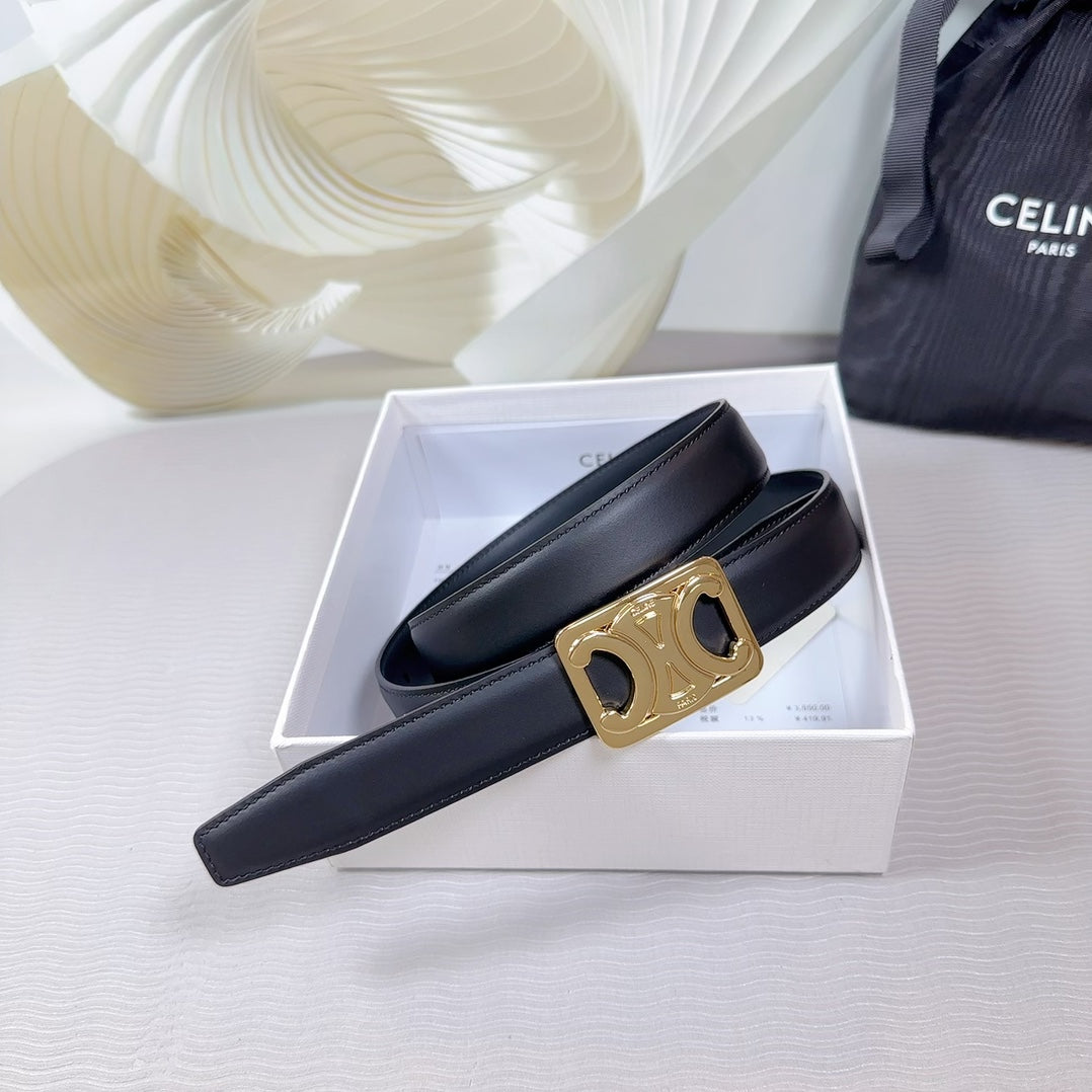 CELINE CL MEDIUM 25MM REVERSIBLE FRAMED TRIOMPHE BELT BLACK CALFSKIN LIGHT GOLD HARDWARE