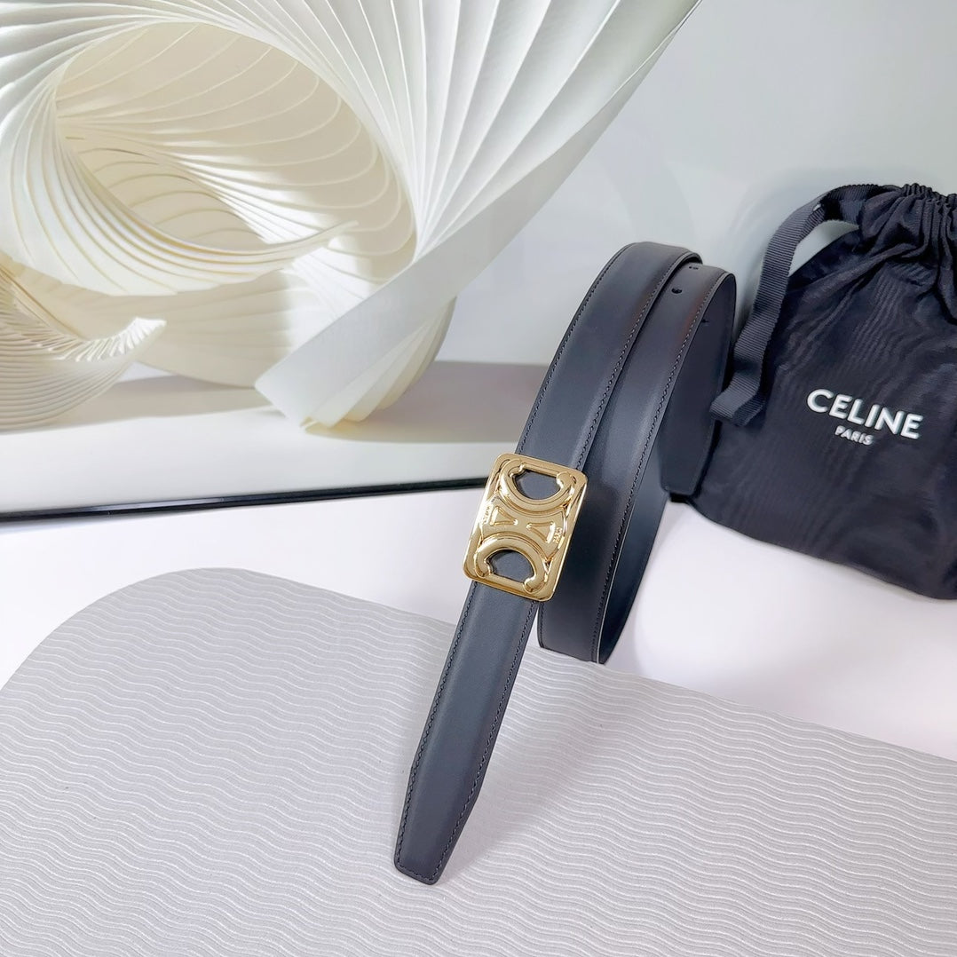 CELINE CL MEDIUM 25MM REVERSIBLE FRAMED TRIOMPHE BELT BLACK CALFSKIN LIGHT GOLD HARDWARE