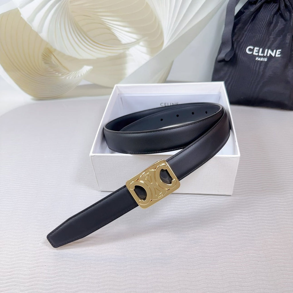 CELINE CL MEDIUM 25MM REVERSIBLE FRAMED TRIOMPHE BELT BLACK CALFSKIN LIGHT GOLD HARDWARE