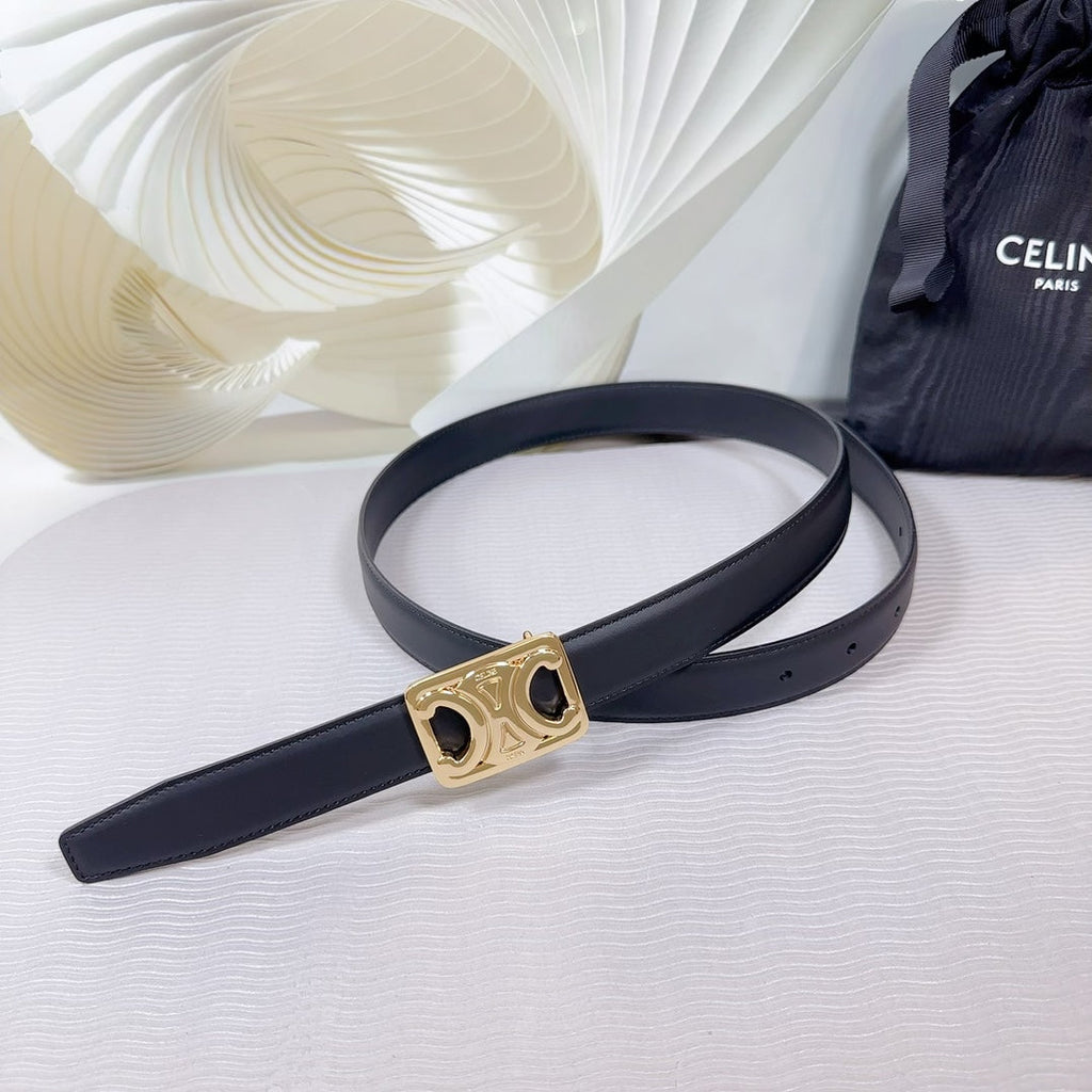 CELINE CL MEDIUM 25MM REVERSIBLE FRAMED TRIOMPHE BELT BLACK CALFSKIN LIGHT GOLD HARDWARE