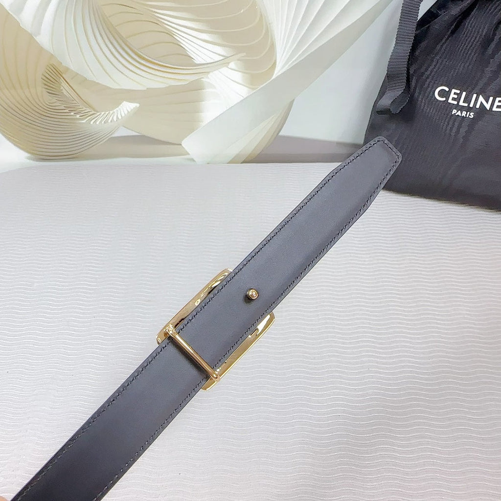 CELINE CL MEDIUM 25MM REVERSIBLE FRAMED TRIOMPHE BELT BLACK CALFSKIN LIGHT GOLD HARDWARE