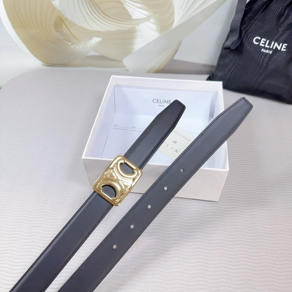 CELINE CL MEDIUM 25MM REVERSIBLE FRAMED TRIOMPHE BELT BLACK CALFSKIN LIGHT GOLD HARDWARE