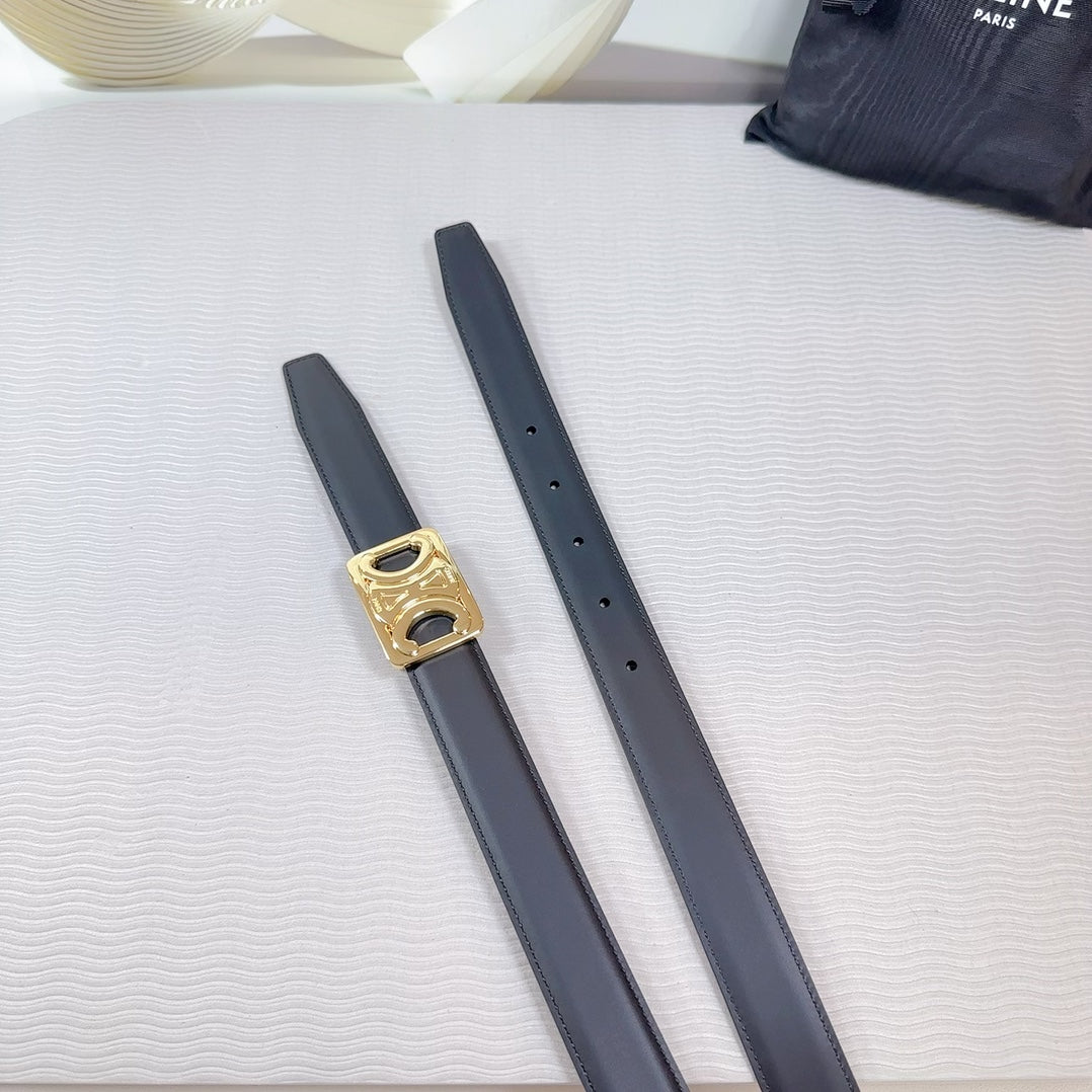 CELINE CL MEDIUM 25MM REVERSIBLE FRAMED TRIOMPHE BELT BLACK CALFSKIN LIGHT GOLD HARDWARE
