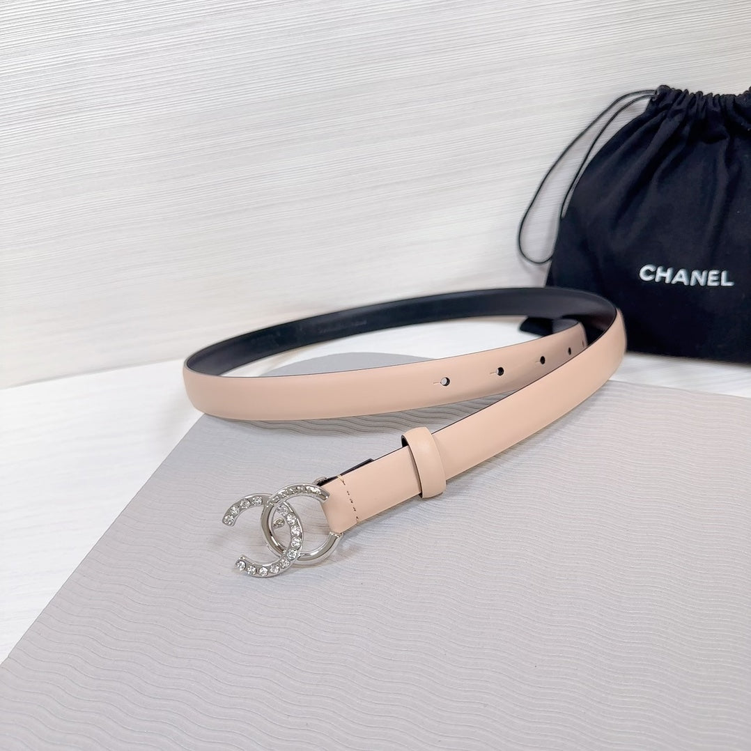 CHANEL BELT 20 MM IN DESERT SAND SMOOTH CALFSKIN SILVER HARDWARE ATTACH RHINSTONE