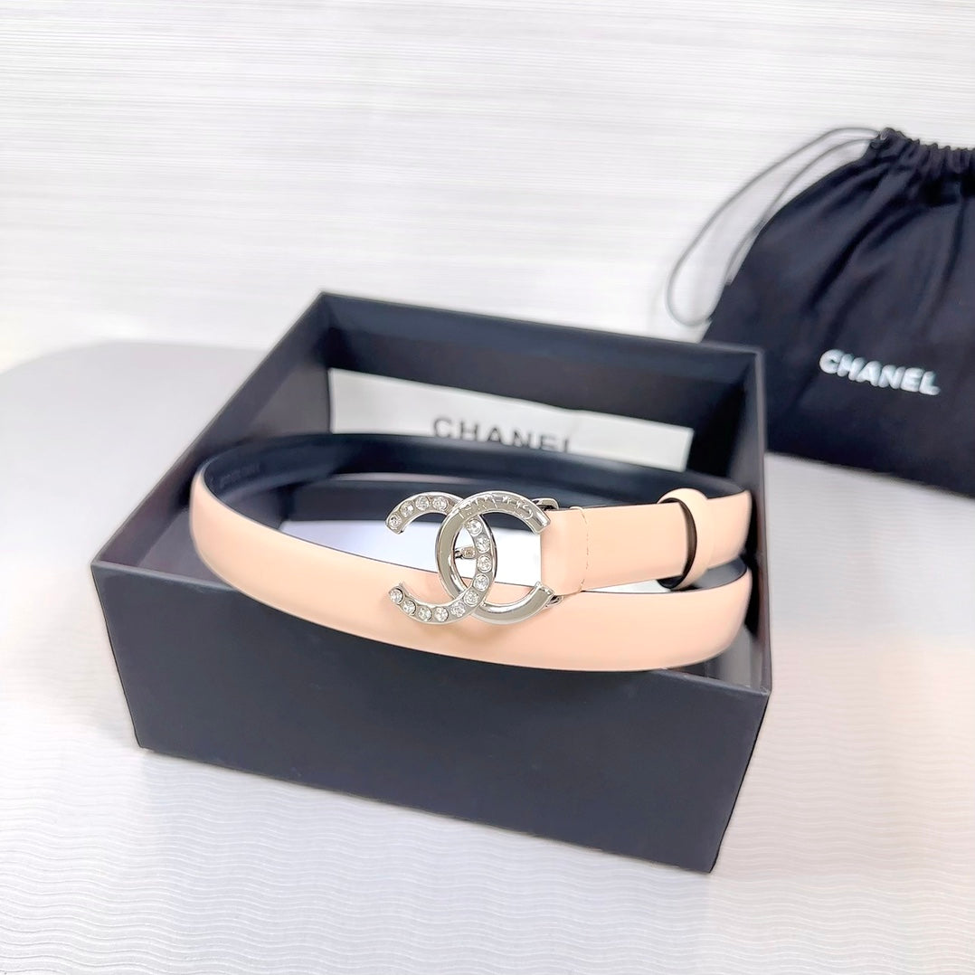CHANEL BELT 20 MM IN DESERT SAND SMOOTH CALFSKIN SILVER HARDWARE ATTACH RHINSTONE