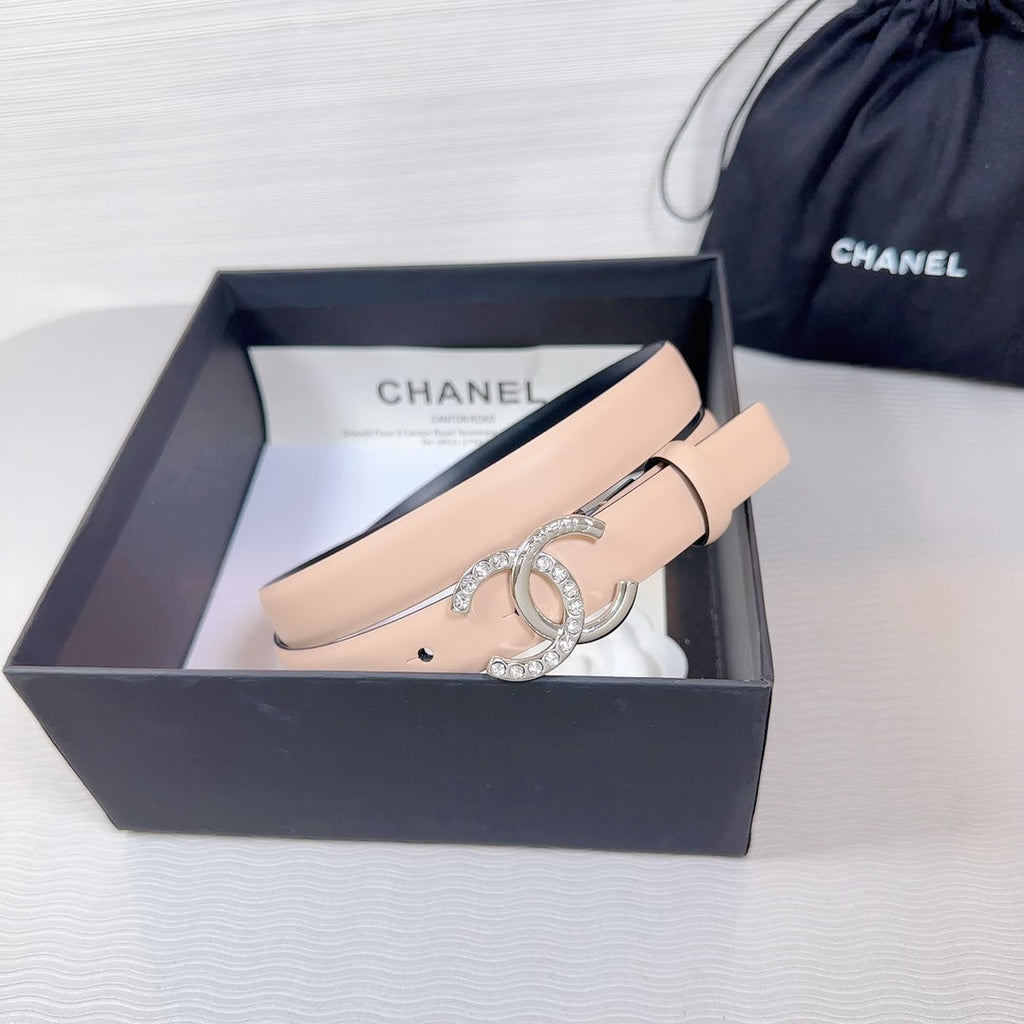 CHANEL BELT 20 MM IN DESERT SAND SMOOTH CALFSKIN SILVER HARDWARE ATTACH RHINSTONE