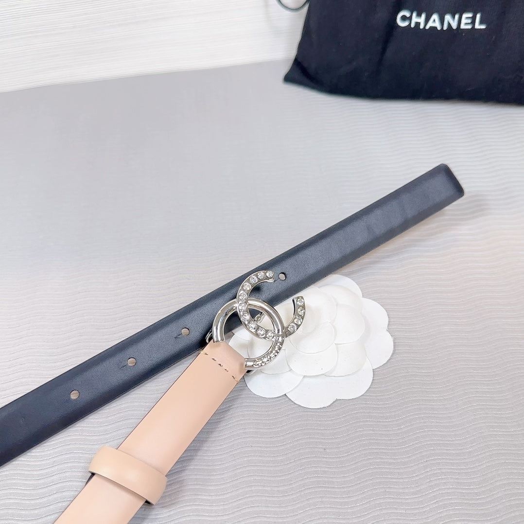 CHANEL BELT 20 MM IN DESERT SAND SMOOTH CALFSKIN SILVER HARDWARE ATTACH RHINSTONE