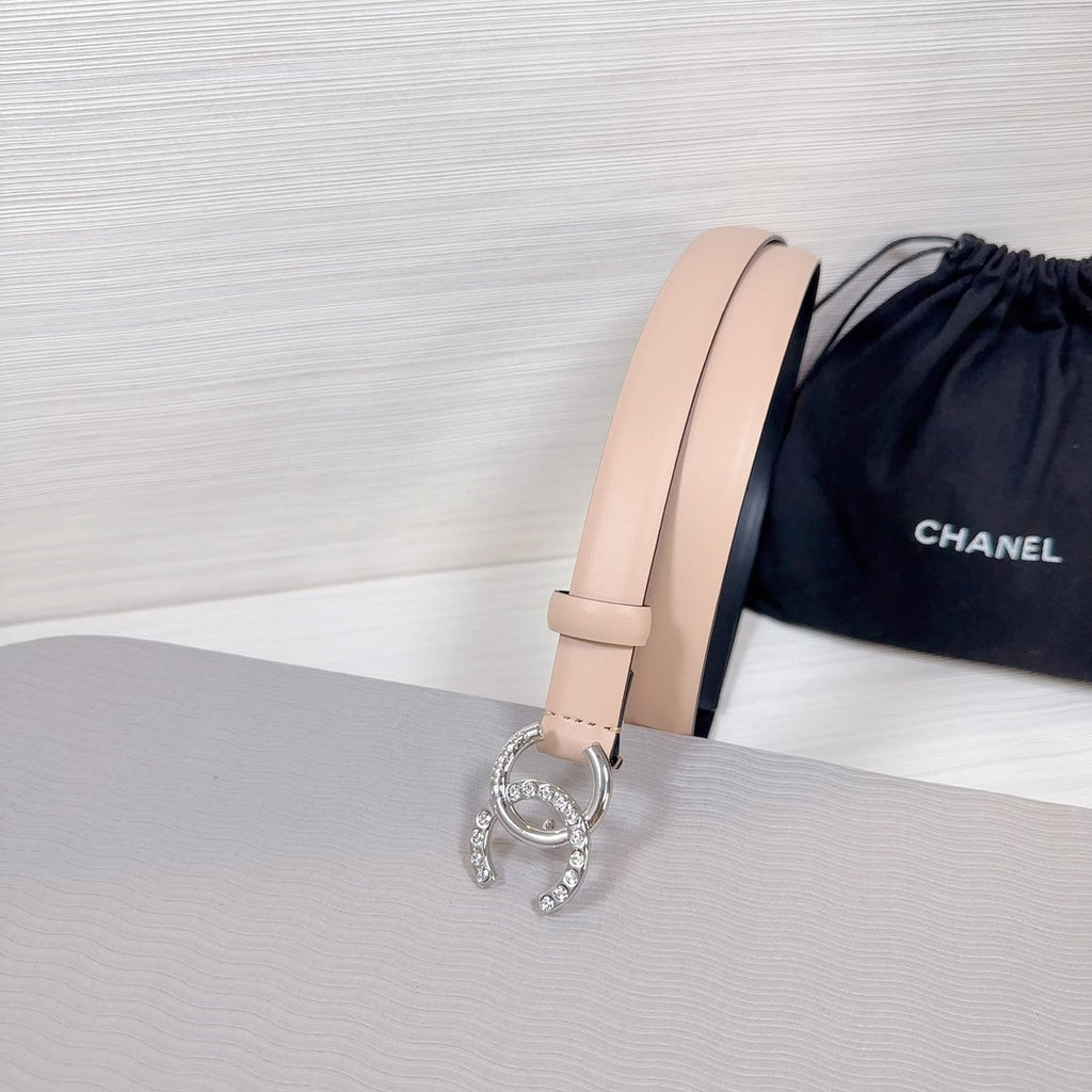 CHANEL BELT 20 MM IN DESERT SAND SMOOTH CALFSKIN SILVER HARDWARE ATTACH RHINSTONE