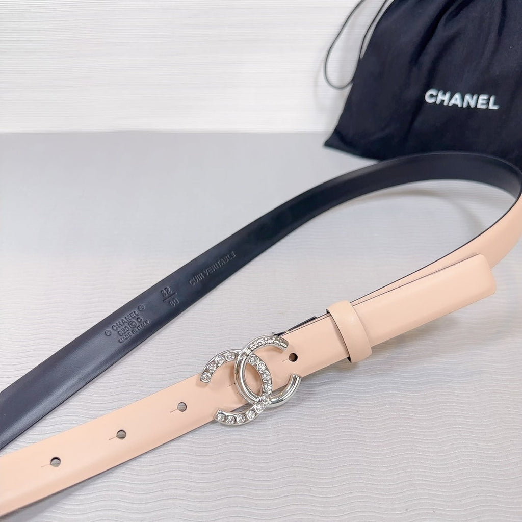 CHANEL BELT 20 MM IN DESERT SAND SMOOTH CALFSKIN SILVER HARDWARE ATTACH RHINSTONE