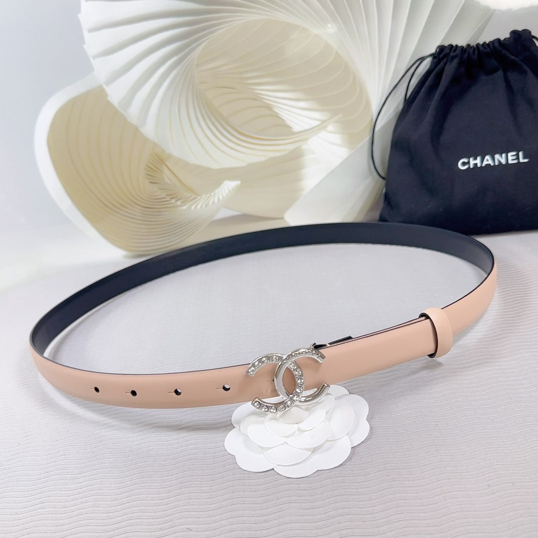 CHANEL BELT 20 MM IN DESERT SAND SMOOTH CALFSKIN SILVER HARDWARE ATTACH RHINSTONE