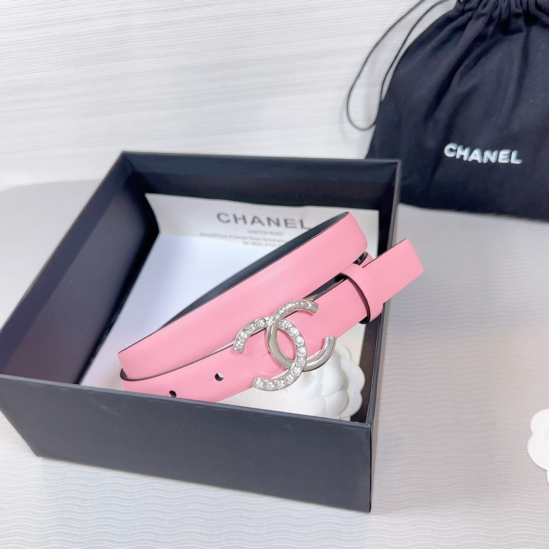 CHANEL BELT 20 MM IN TAFFY PINK SMOOTH CALFSKIN SILVER HARDWARE ATTACH RHINSTONE