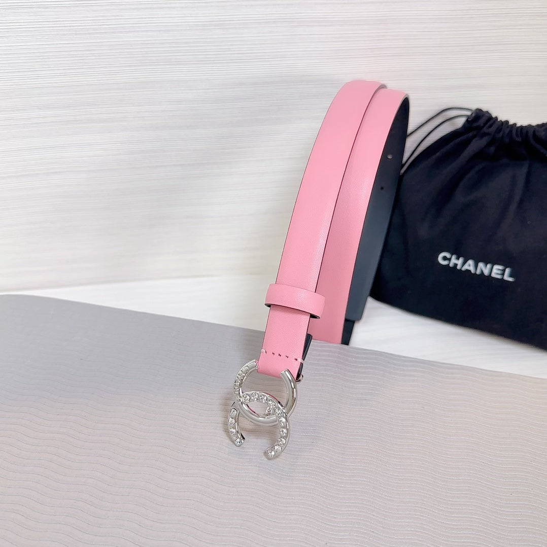 CHANEL BELT 20 MM IN TAFFY PINK SMOOTH CALFSKIN SILVER HARDWARE ATTACH RHINSTONE
