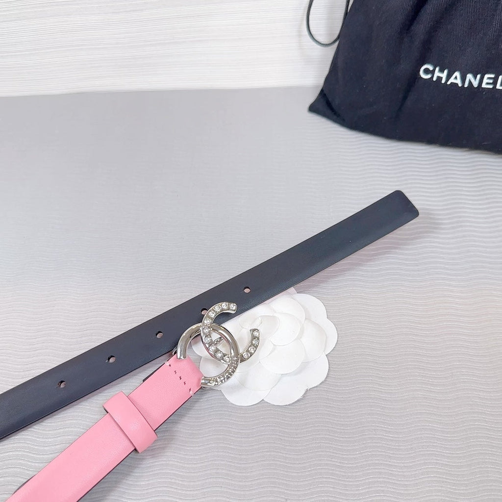 CHANEL BELT 20 MM IN TAFFY PINK SMOOTH CALFSKIN SILVER HARDWARE ATTACH RHINSTONE