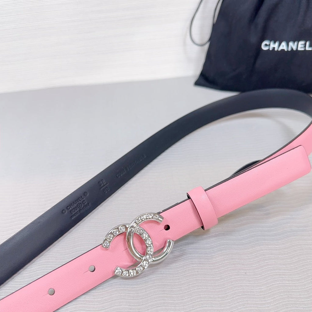 CHANEL BELT 20 MM IN TAFFY PINK SMOOTH CALFSKIN SILVER HARDWARE ATTACH RHINSTONE