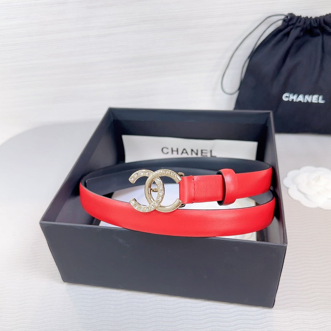 CHANEL BELT 20 MM IN CRIMSON RED SMOOTH CALFSKIN GOLD HARDWARE ATTACH RHINSTONE