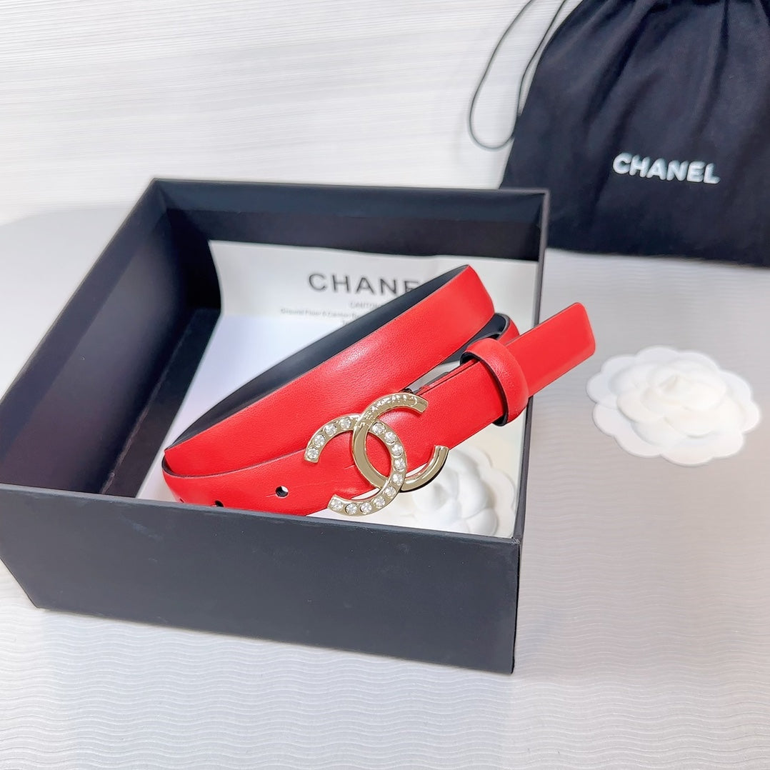 CHANEL BELT 20 MM IN CRIMSON RED SMOOTH CALFSKIN GOLD HARDWARE ATTACH RHINSTONE