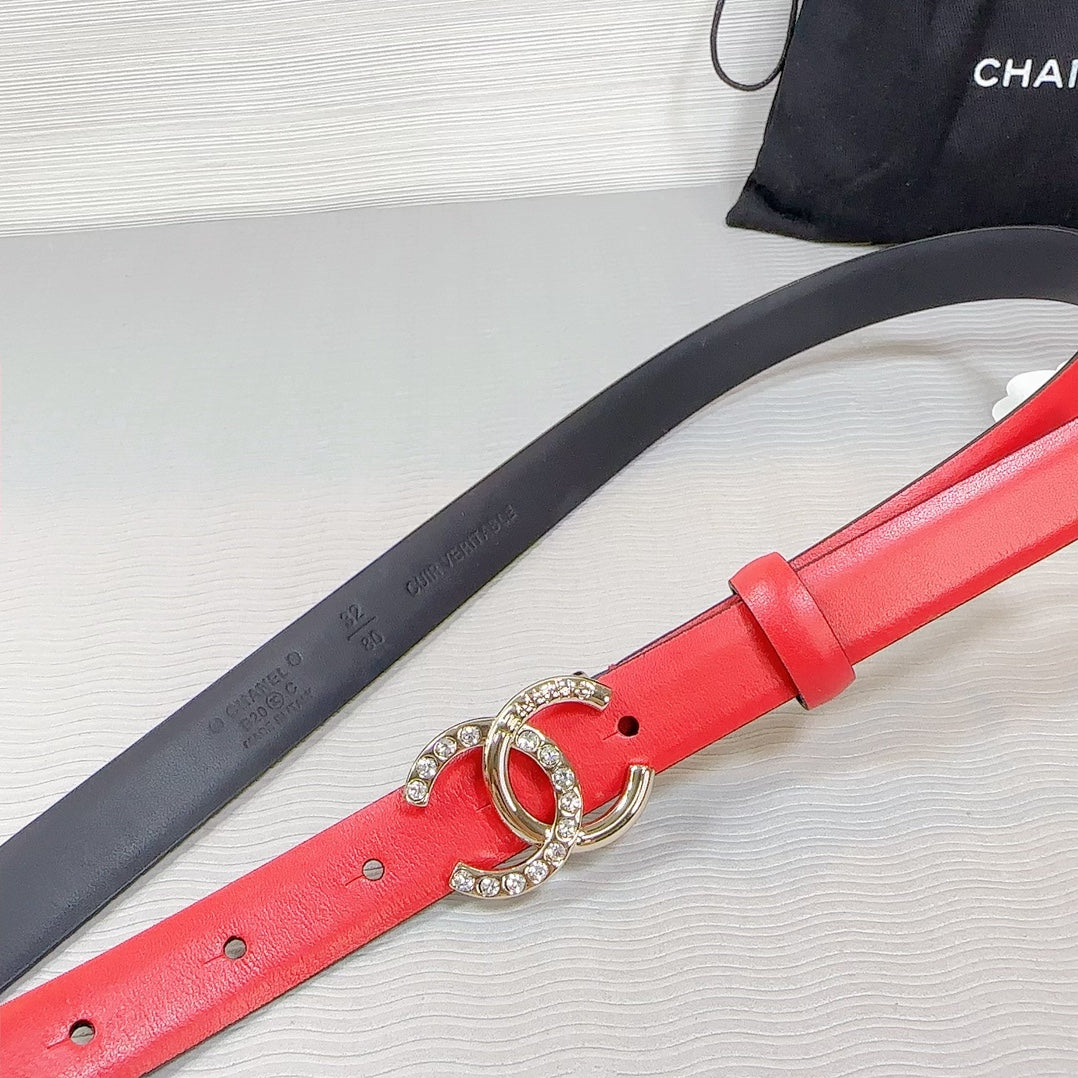 CHANEL BELT 20 MM IN CRIMSON RED SMOOTH CALFSKIN GOLD HARDWARE ATTACH RHINSTONE