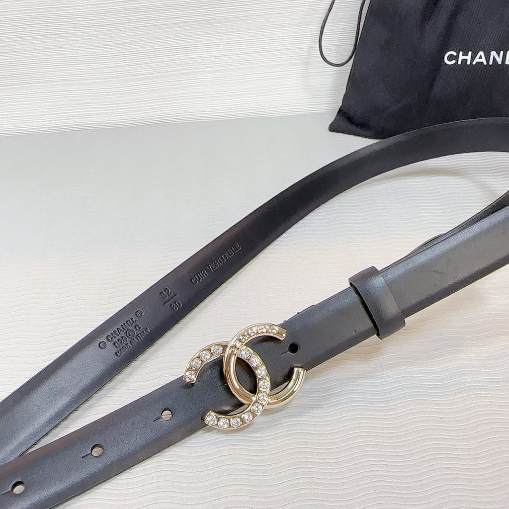 CHANEL BELT 20 MM IN BLACK SMOOTH CALFSKIN GOLD HARDWARE ATTACH RHINSTONE