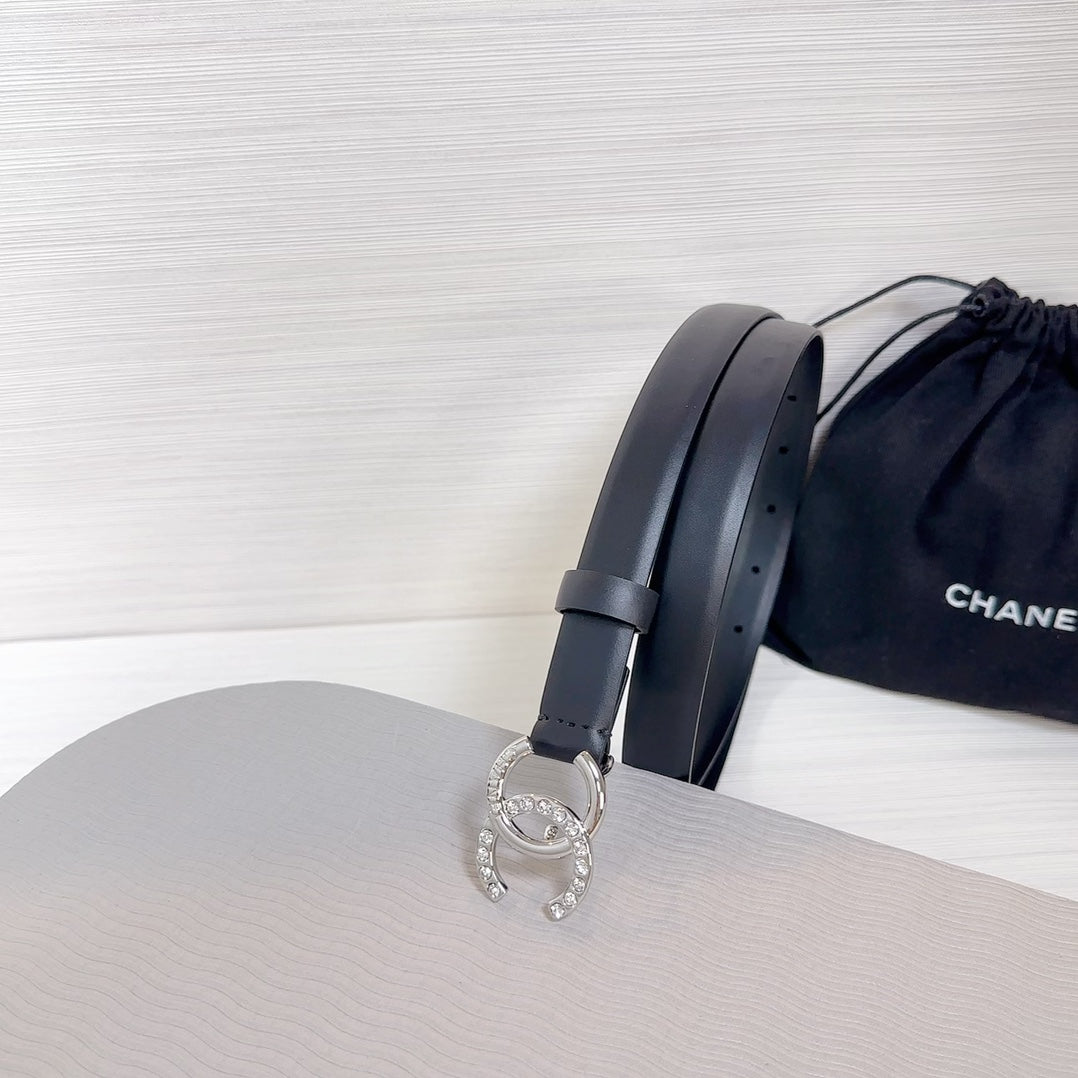 CHANEL BELT 20 MM IN BLACK SMOOTH CALFSKIN SILVER HARDWARE ATTACH RHINSTONE