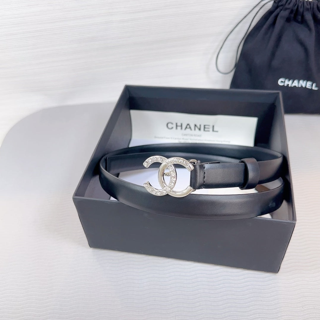 CHANEL BELT 20 MM IN BLACK SMOOTH CALFSKIN SILVER HARDWARE ATTACH RHINSTONE